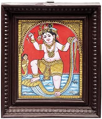 הודו האקזוטי 11 x 13 לורד קרישנה רוקד על הנחש קאליה טנג'ור ציור | צבעים מסורתיים עם זהב 24 קראט